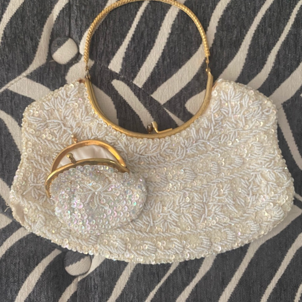 Vintage clasp clutch, white sequins and beads